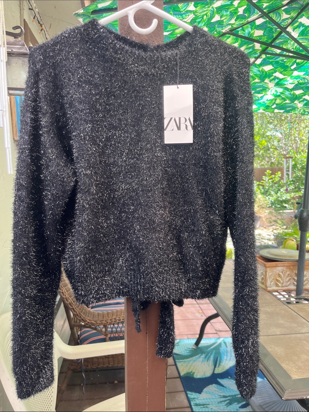 Zara NWT 5755/142 Black Eyelash Knit Open Back Metallic Shimmer Sweater